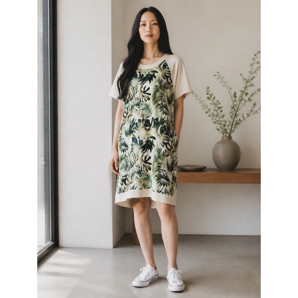 Imanimo Dress Women's XS Tropical Palm Leaf Print Cream Short Sleeve Excellent